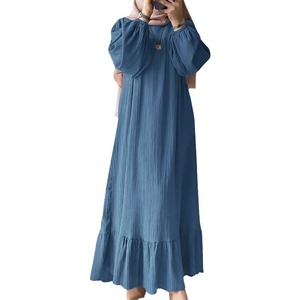 Vestido Largo Vintage de Color Sólido para Mujeres Musulmanas Moda de Primavera Otoño con Dobladillo de Volantes Abaya Casual de Manga Larga Hecho de Poliéster - Product Image 6