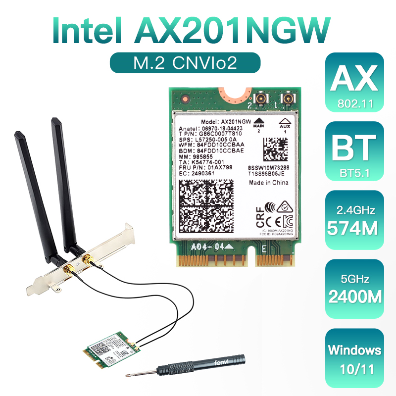 Carte Réseau WiFi 6 AX201NGW Bluetooth 5.0 M.2 CNVio2 - 2400 Mbps Windows 10 64 Bits
