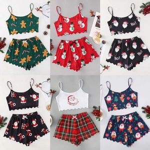 Conjunto Feminino de Natal de Homewear: Shorts, Pijama para Dormir, Bralette de Malha Sem Mangas, Conjunto de Duas Peças para Meninas - Product Image 2