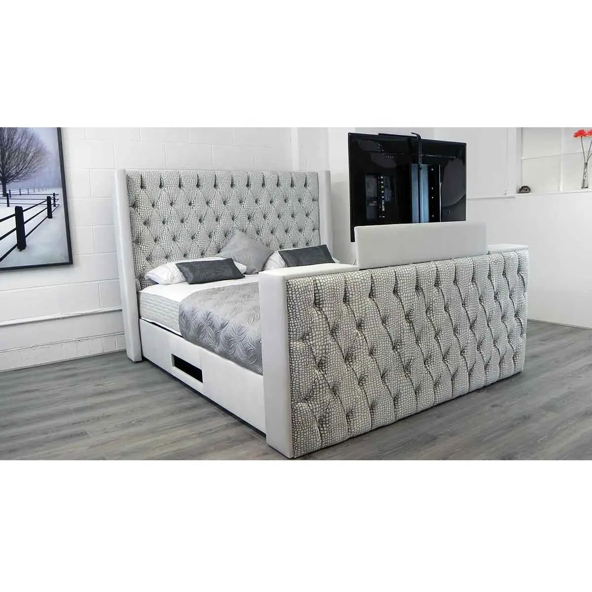 Pz Home Afstandsbediening Hele Huis Decoratie King Size Smart Luxe Bed Met Tv En Open Haard In Voetplank Opslag