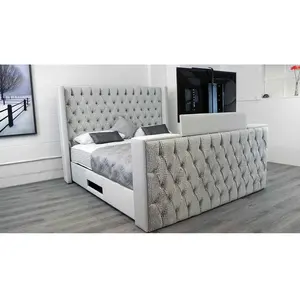 PZ HOME Remote Control Whole House Decoration King Size Smart Luxury Bed With Tv And Fireplace In Footboard Storage
