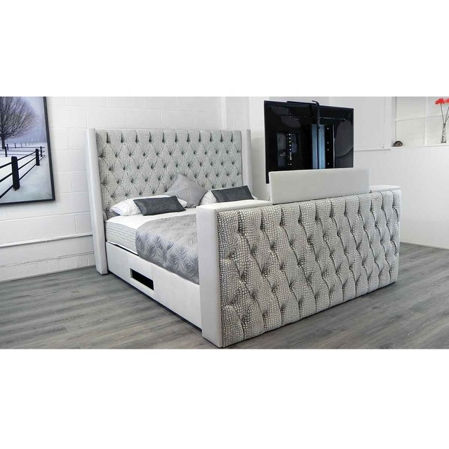 PZ HOME Remote Control Whole House Decoration king Size Smart Luxury Bed with Tv and Fireplace in Footboard Storage