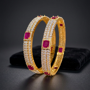 Luxury Indian Brass Imitation Rhodium Plated CZ Cubic Zirconia Marquise Cut <b>Ruby</b> Stone Classic Bangle Set Bangles Pair Fashion - Product Image 3