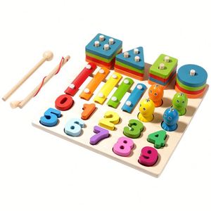Jeu éducatif en bois transfrontalier quatre-en-un et cinq-en-un pour enfants : ensemble de pêche, piano à taper sur les piliers, puzzle - Product Image 1