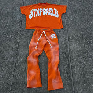 Rửa Axit Mồ Hôi Phù Hợp Với Jogger Tracksuit Ngắn Tay Áo Cắt Boxy Tùy Chỉnh Vá 2 Mảnh T Áo Sơ Mi Và Quần Đặt Người Đàn Ông - Product Image 4