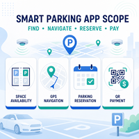 Développement d'applications de stationnement intelligentes personnalisées pour iOS/Android, disponibilité des places, navigation GPS, Internet, React Native, Flutter