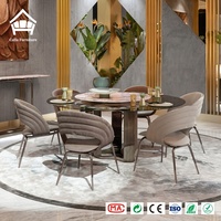 Table de salle à manger ronde de luxe nordique moderne avec plateau en pierre frittée et chaises, plateau tournant en verre fumé et marbre, ensemble de restaurant pour villa