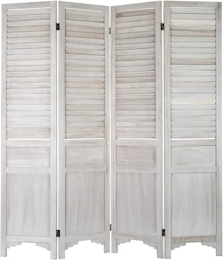 4-पैनल विंटेज सफेद लकड़ी Louvered कमरे में विभक्त स्क्रीन दोहरे कार्रवाई के साथ टिका