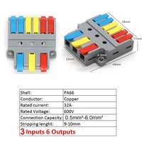Connecteur de câble ignifuge CE ROHS 0,5-6 mm 250 V/4 KV 32 A, borne de connexion rapide pour câble électrique, 3 entrées 6 sorties