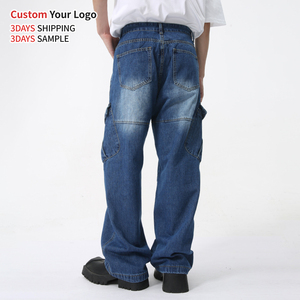 OEM Mid Waist Washed Wide Leg Workwear <b>Overalls</b> Distressed Vintage Custom Print Hip Hop Streetwear Baggy Designer <b>Men</b> Jeans - Product Image 3