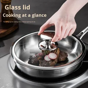 Sartén Antiadherente de Fondo Plano de Acero Inoxidable 304 con Tapa de Vidrio, Compatible con Inducción de Gas, <span class=keywords><strong>para</strong></span> Huevos, Filetes, Wok - Product Image 3