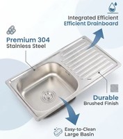 Évier de cuisine encastré en acier inoxydable SUS304 fait main avec égouttoir intégré, rectangulaire, simple bac, poli, à encastrer, garantie 5 ans