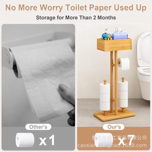 Bamboo Toilet <b>Paper</b> Holder Freestanding With Storage Space Minimalist Design Rectangular Shape Varnish Finish - Product Image 4