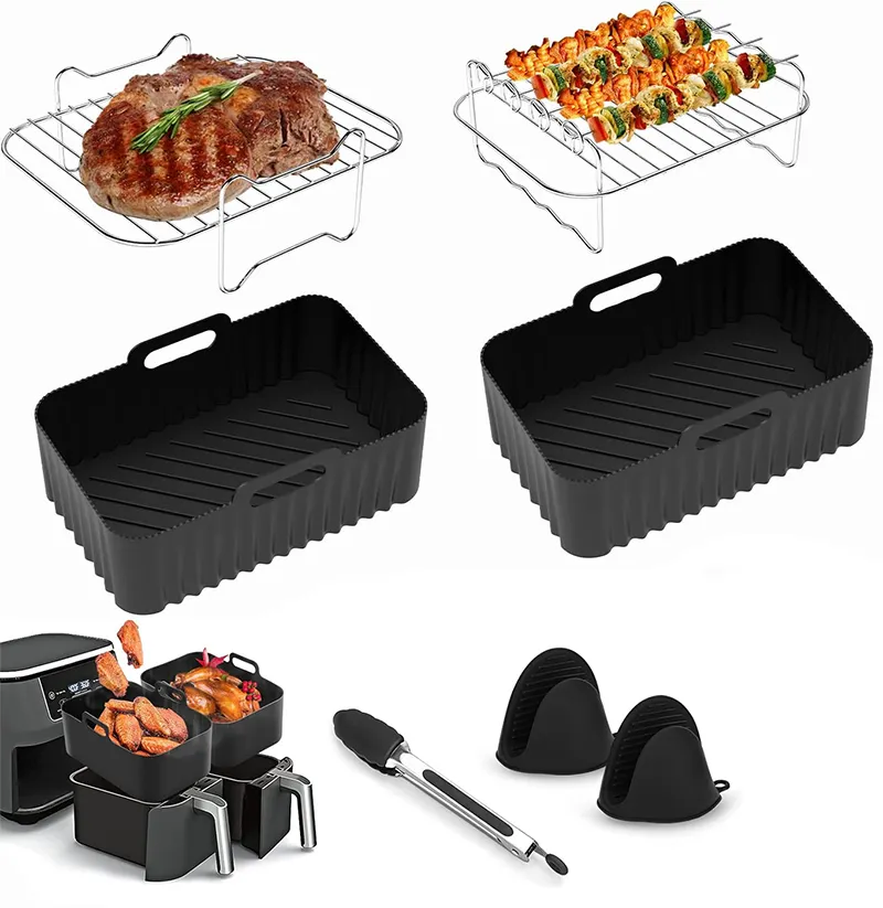 Antiaderente Silicone Air Fryer Liners Food Grade Retangular Dual Acessórios Set Reutilizável Air Fryer Baking Pot