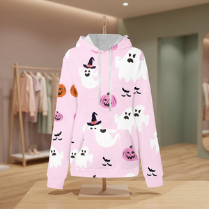 Sweat-shirt rose à capuche pour femme, imprimé fantôme et citrouille d'Halloween, tricoté décontracté à manches longues, idéal pour l'automne - Product Image 3