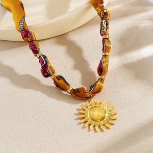 Sun Pendant Necklace Gold Plated Silk Scarf Chain Stainless Steel Fashion Accessory - Product Image 2