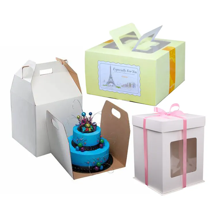 Wedding favor designs round cylinder square gable box packing for 10 12" inch tall tiered cake paper box with clear window