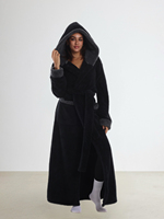 Peignoir de luxe épais en flanelle à capuche pour couple, noir, avec col en sherpa contrastant, long et surdimensionné, doux, pour hôtel, maison, spa, douche