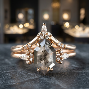 Anillo de Compromiso para Mujer Chapado en Oro Rosa con Cristal Natural, Diseño Geométrico Bohemio, Engaste de Garras y Diamantes Pavé - Product Image 2
