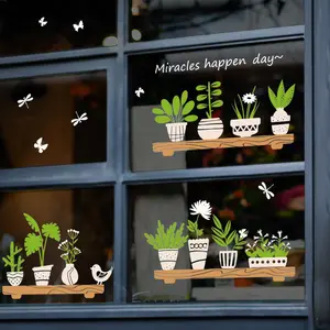 创意新款小清新植物锅店玻璃门咖啡厅装饰墙贴