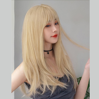 Nouvelle conception, style coréen, perruque de luxe de 60 cm, couleur or, en fibre haute température, sans colle, résistante à la chaleur, avec frange, pour femmes blanches