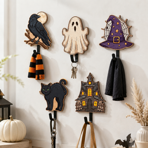 Halloween Wooden Wall Hook Crow Ghost <b>Witch</b> Hat Black Cat Haunted House Pattern Towel Key Bag Hanger Spooky Entryway Wall <b>Decor</b> - Product Image 1