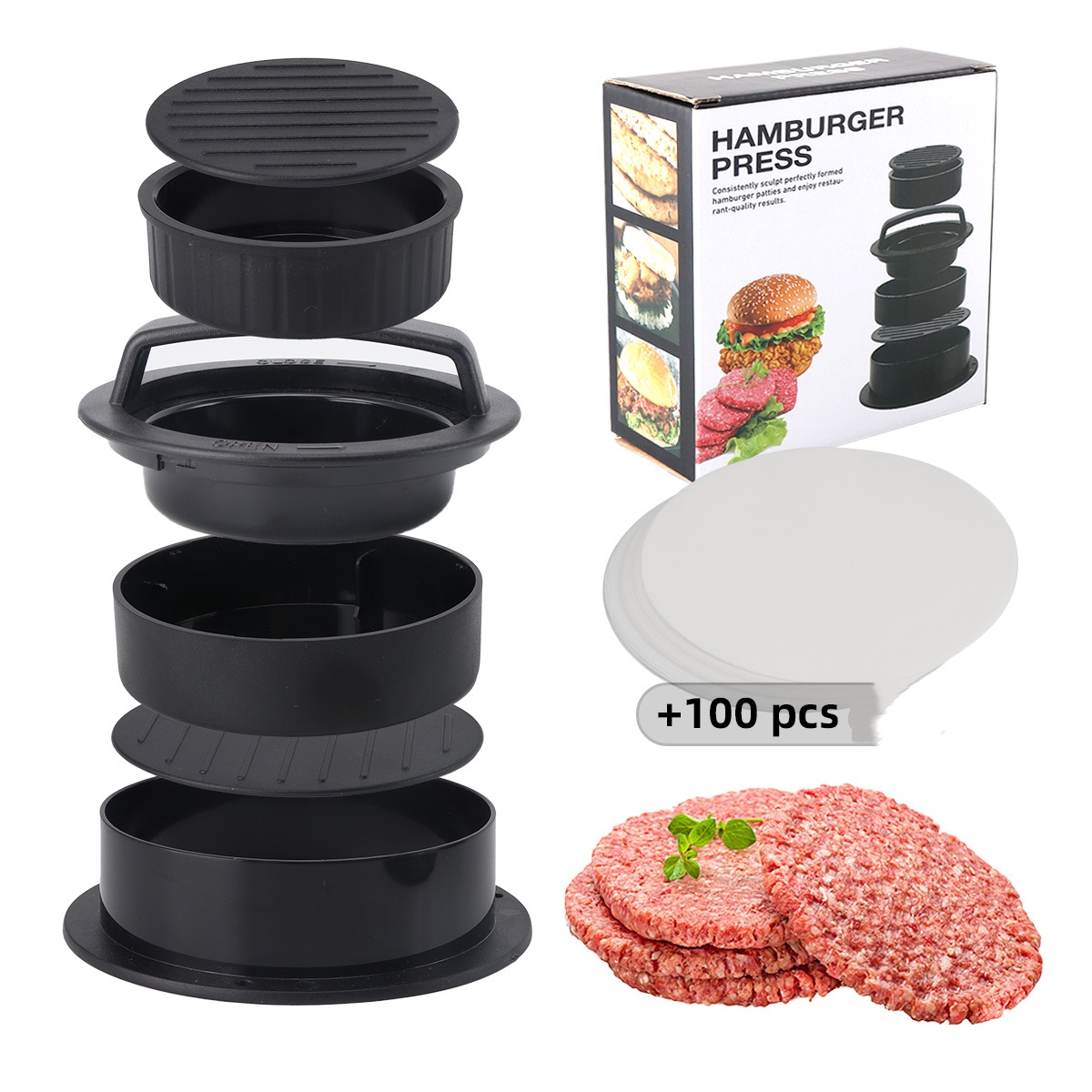 Presse à viande noire pour hamburger + 100 feuilles de papier silicone