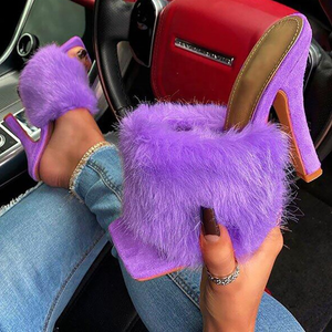 Fluffy Fur Women's Slip-On Summer Slides Square Peep Toe Single Band Daily Thin Heel Warm Pantoufles pour les grandes tailles Spring Outdoor - Product Image 3