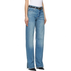 Jean droit décontracté en denim bleu délavé pour femme, taille haute, effet usé, très tendance - Product Image 2