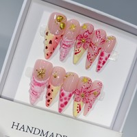 10 faux ongles stiletto faits main, modèle 3D, à presser, avec fleurs et perles, pointes d'ongles de qualité professionnelle, taille unique