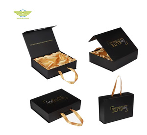 Boîte d'emballage rigide <span class=keywords><strong>en</strong></span> carton noir avec couvercle et base pour cosmétiques, chocolats, vins, gâteaux de lune, soins de la peau, avec logo personnalisé et boîte cadeau garnie de papier déchiqueté - Product Image 1