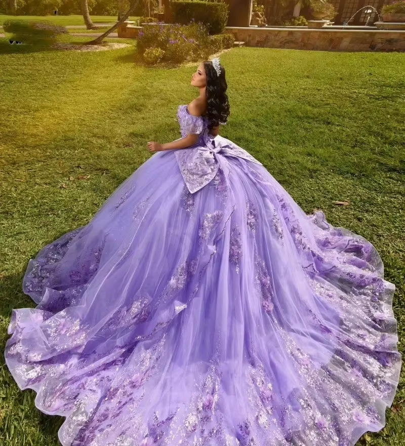 Lavender Quinceaera Dresses with Bow Applique - Elegant Tulle Lace Beaded  Gowns for Teens, Ideal for Birthday Celebrations