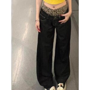 2025 femmes taille haute droite jambe large jean européen américain Style rétro fille chaude imprimé léopard Patchwork nouveau populaire pour - Product Image 3
