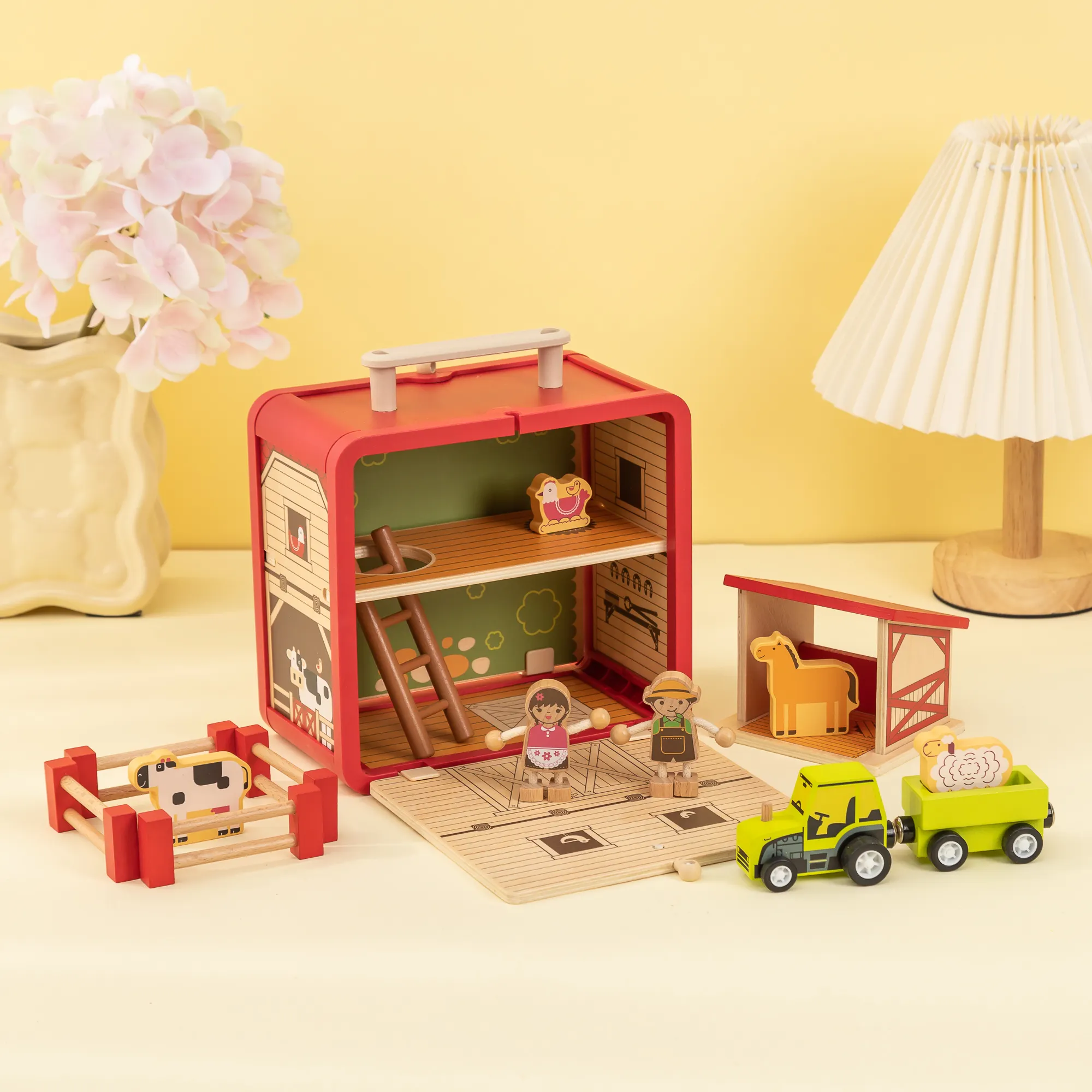 UDEAS mainan edukasi anak-anak, rumah bermain pertanian kayu dengan traktor terkenal