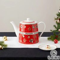 Théière en céramique rouge de Noël avec poignée et bec verseur blancs, motif festif houx et cloche, en porcelaine, pour la maison, cadeau de fêtes