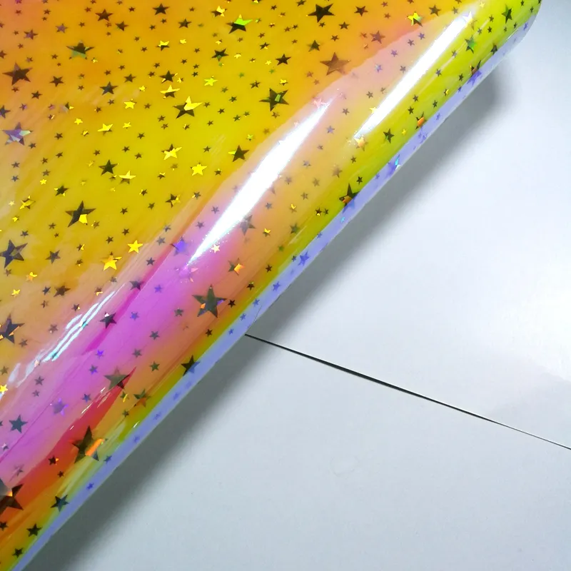 PU hologram material in synthetic leather with star design for shoes and handbag use