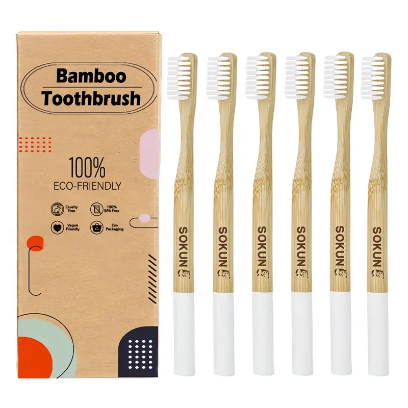 Escova de dentes de madeira biodegradável, escova de dente redonda com cabo de bambu adulto