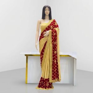 Premium <b>Velvet</b> <b>Saree</b> with Malai Silk Blouse Intricate Heavy Embroidery Elegant Fancy Border Festive Party Wear - Product Image 6