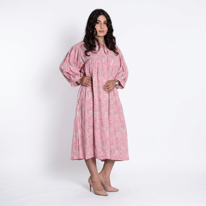 Pink Paisley Print Sweet <b>Loose</b> Midi <b>Dress</b> with Sleeveless V-neck Casual Woven Cotton Spring Daily Wear - Product Image 1