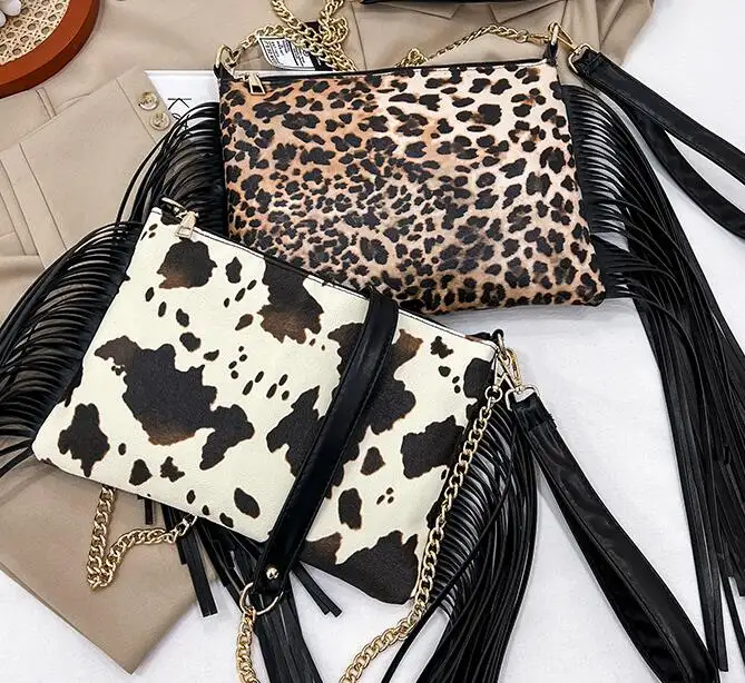 PU Leather Leopard print Tassel Fringed Hobo Crossbody Purse Women Leopard Shoulder Bag