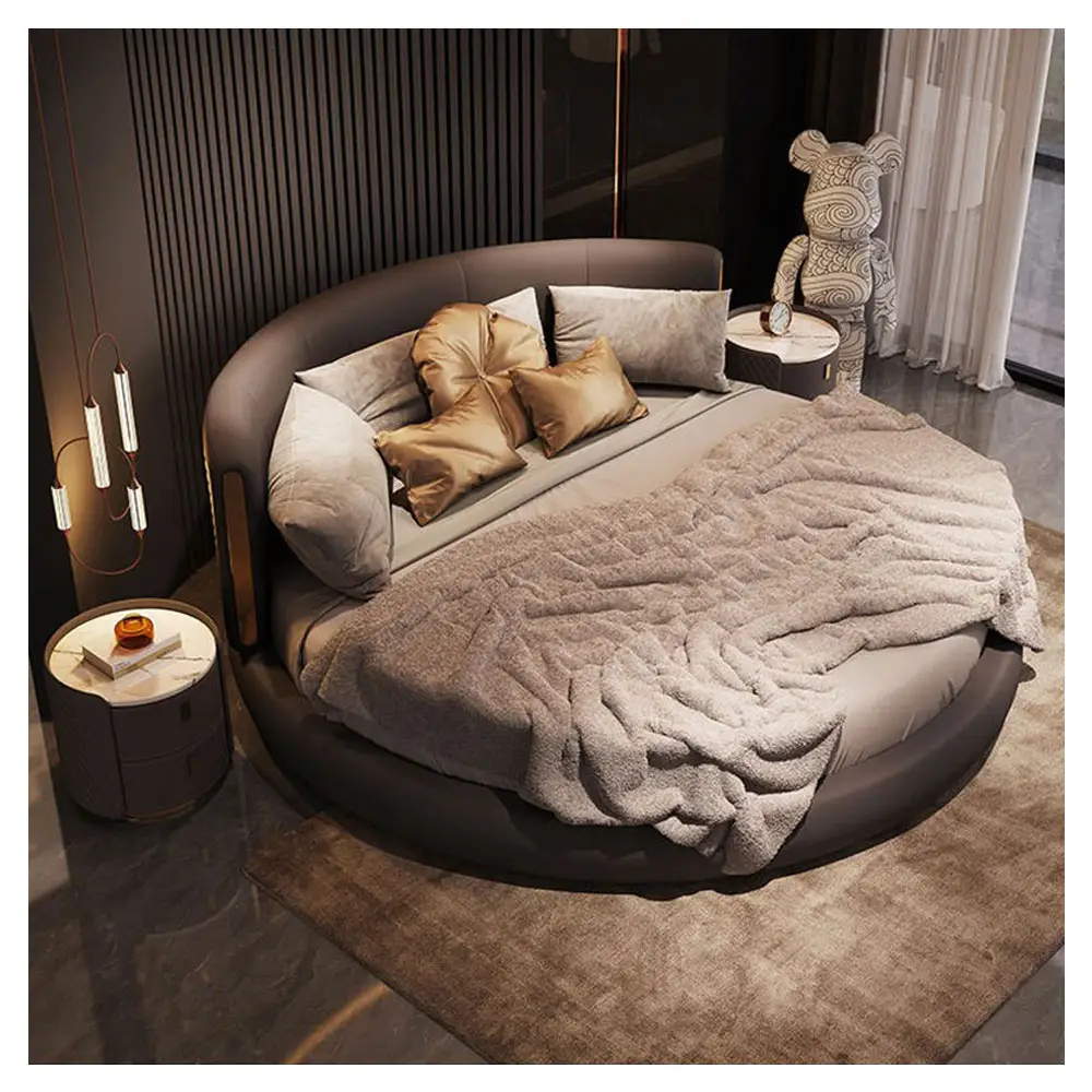 Cama de lujo de cuero Simple italiana, dormitorio minimalista de madera, modelo de diseñador, cama redonda de Hotel Doble