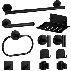Juego de <span class=keywords><strong>Accesorios</strong></span> de <span class=keywords><strong>Baño</strong></span> de Metal Ecológico de Ocho Piezas, Color Negro, para Montar en la Pared <span class=keywords><strong>Sin</strong></span> Taladrar, en Existencia - Product Image 1