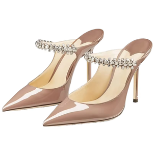 Sandales à talons pour femme en cuir verni avec strass et cristaux, légères et élégantes, à enfiler avec bride cheville - Product Image 1