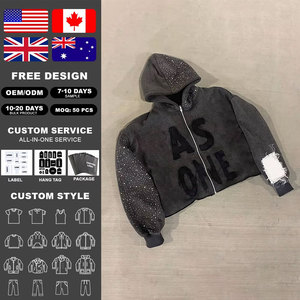 KingSen High Quality 100% Cotton Winter Acid Washed Stonewashed Embroidered Rhinestones Zip Hoodie Men's Heavy French Terry - Product Image 1