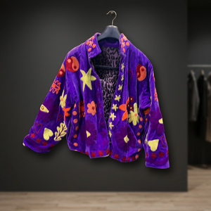 Veste en velours violet brodée pour femmes |   Broderie florale et sirène colorée |   Veste d'hiver bohème faite à la main - Product Image 3