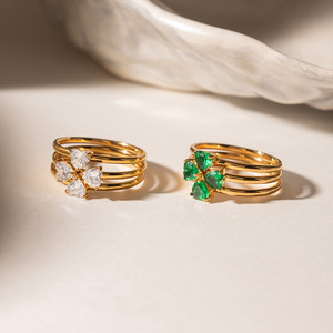 Four Leaf Clover Stacked <b>Rings</b> 18K <b>Gold</b> Plated Emerald And Diamond Women's Jewelry Gift Fashion <b>Ring</b> <b>Set</b> - Product Image 2