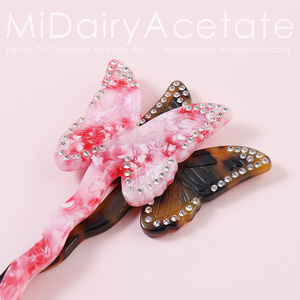 Midairy, superventas, tortuga <span class=keywords><strong>rosa</strong></span>, mariposa grande con diamantes, palos para el cabello de acetete para mujeres, accesorios para el cabello grueso, 19cm 4335 - Product Image 4