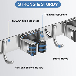 Support mural pour <span class=keywords><strong>balais</strong></span> avec 5 supports et 4 crochets – Organisateur en acier inoxydable pour <span class=keywords><strong>balais</strong></span> ou serpillères. Installation adhésive ou par vis. - Product Image 4