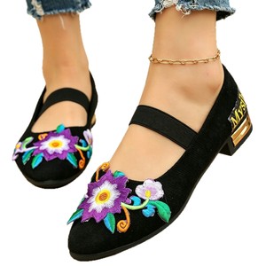 Chaussures plates pour femmes, chaussures plates brodées de fleurs, noir, blanc, beige, tenue décontractée - Product Image 5