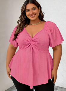 Blusa Casual de Manga Corta con Cuello en V y Nudos 3D de Fibra de Leche Roja Rosa para Mujer Talla Grande Joyinspring - Product Image 6